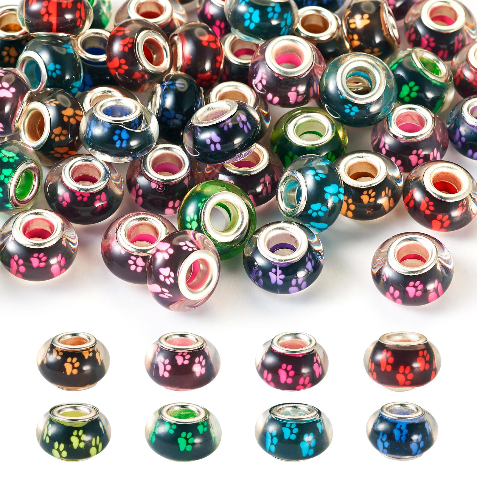 Crafans 50Pcs European Beads with Dog Paw Prints Double Cores Rondelle Large Hole Resin Spacer Beads 14MM Vintage Styles for DIY Bracelet Necklace Jewelry Making