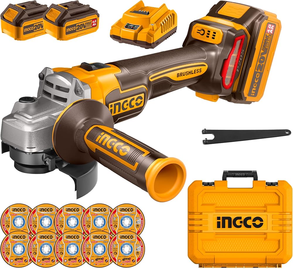 Ingco 115mm Cordless Brushless Angle Grinder 20V 9000RPM 2x4.0Ah Battery Set