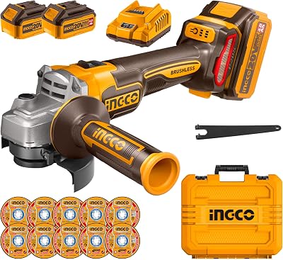 Ingco 115mm Cordless Brushless Angle Grinder 20V 9000RPM 2x4.0Ah Battery Set