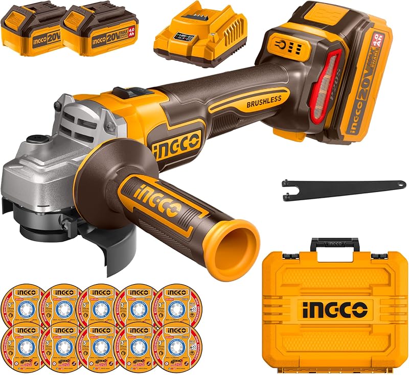 Ingco 115mm Cordless Brushless Angle Grinder 20V 9000RPM 2x4.0Ah Battery Set