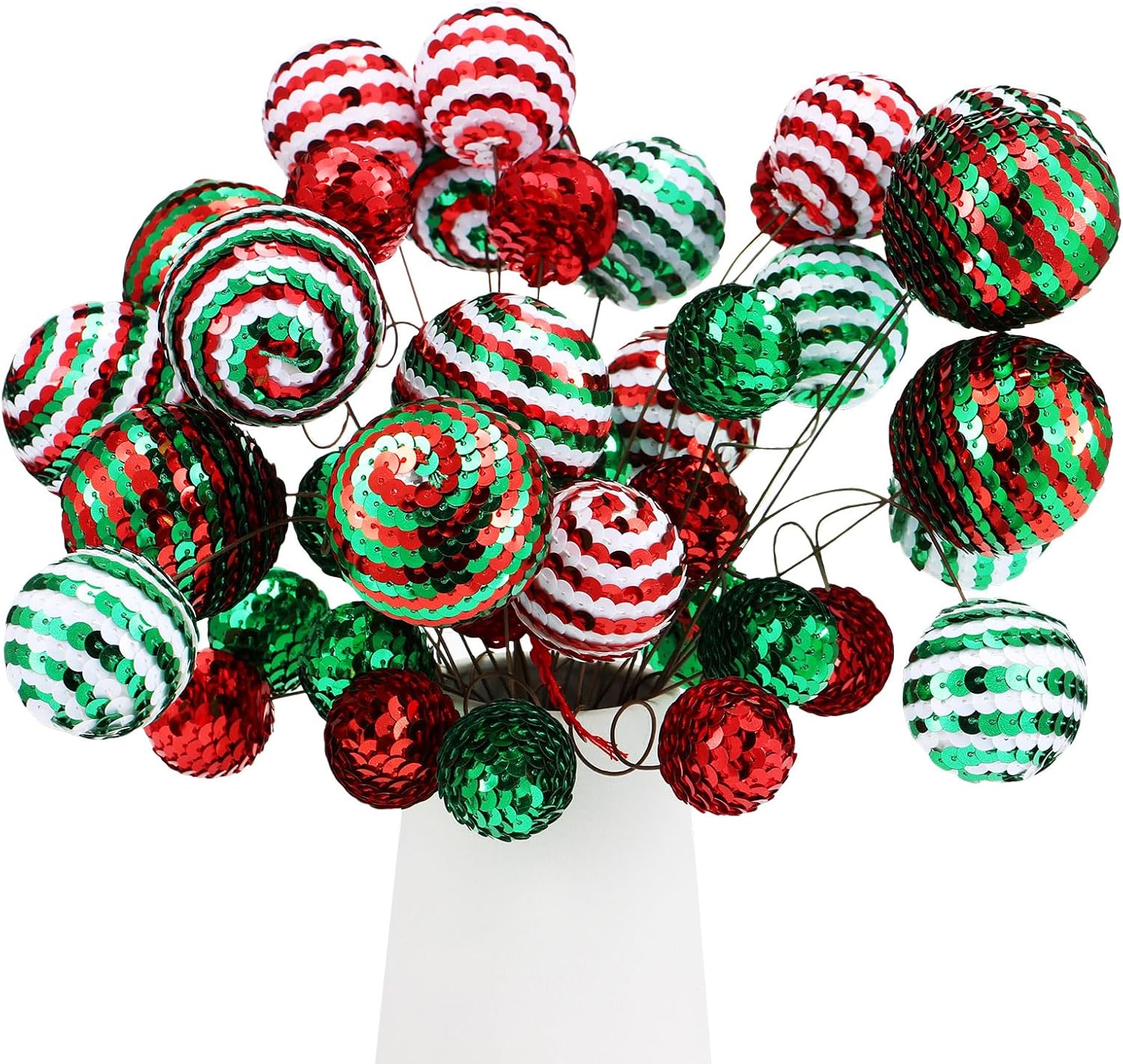 Tree Toppers - Hiboom 40 Set Christmas Sequins Ball Decoration Picks Mixed Color Sequin Foam Ball Tree Picks Bling Ball Ornaments Sticks for Xmas Tree Topper Home DIY Table Craft Party Decor (Red, Green, White)
