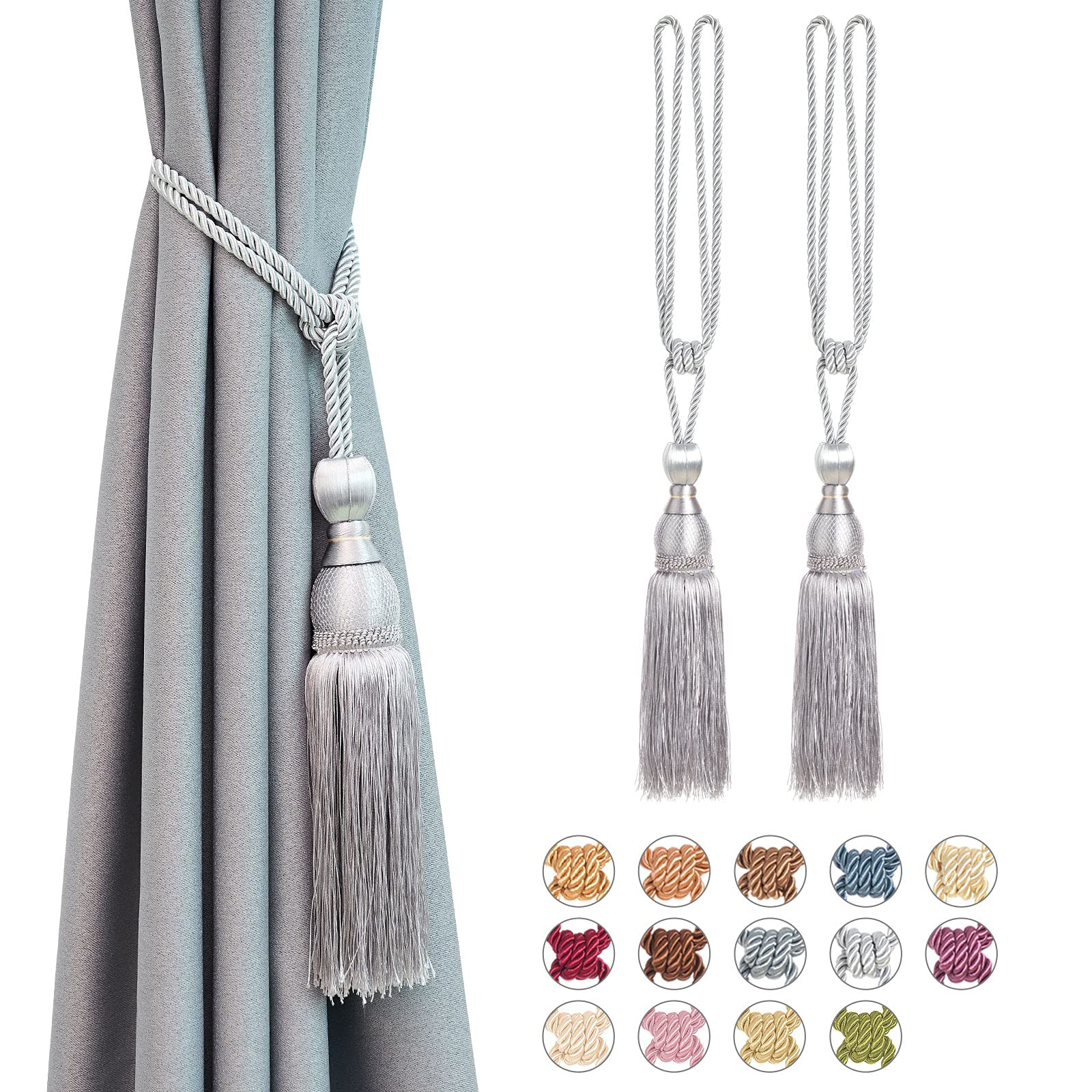 Pretty Jolly 2 Pack Mesh Ball Tassel Curtain Tiebacks European Vintage Style Curtain Holdbacks Handmade Braided Rope Decorative Drape Tie Backs for Home and Office Window Drapery (Sliver Grey)