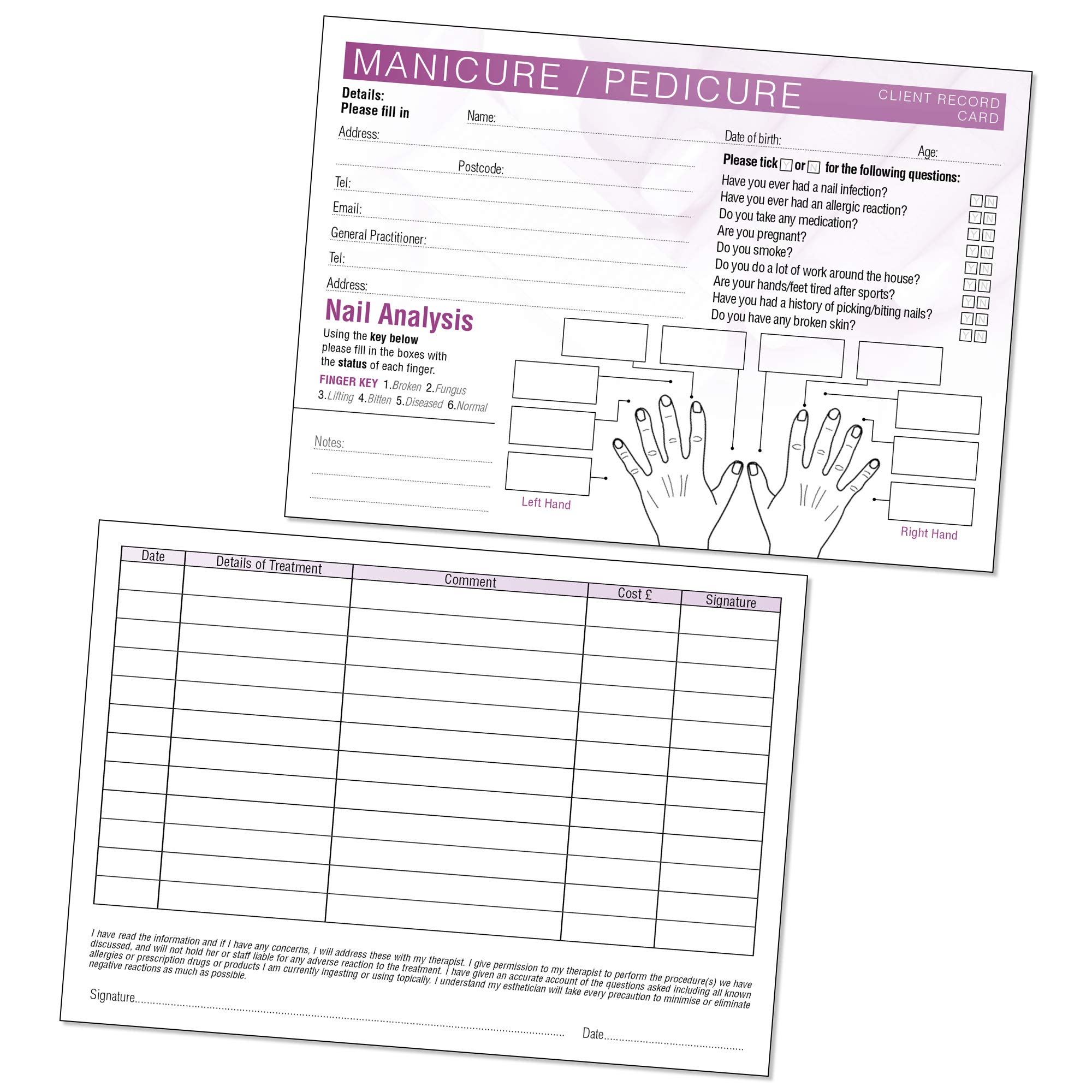 Manicure Pedicure Client Record Card - Treatment Consultation Form for Mobile Therapists & Salons A6 Pack of 50 - Landscape