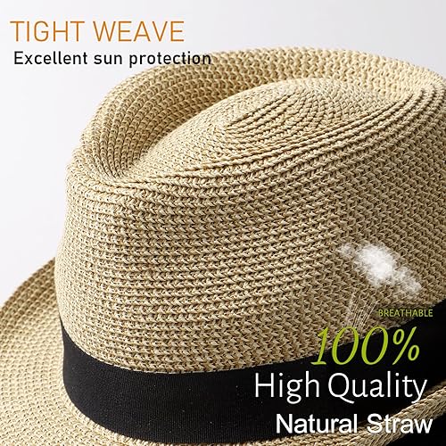 Womens Short Brim Straw Sun Hat Fedora Trilby Hat Panama Men Roll