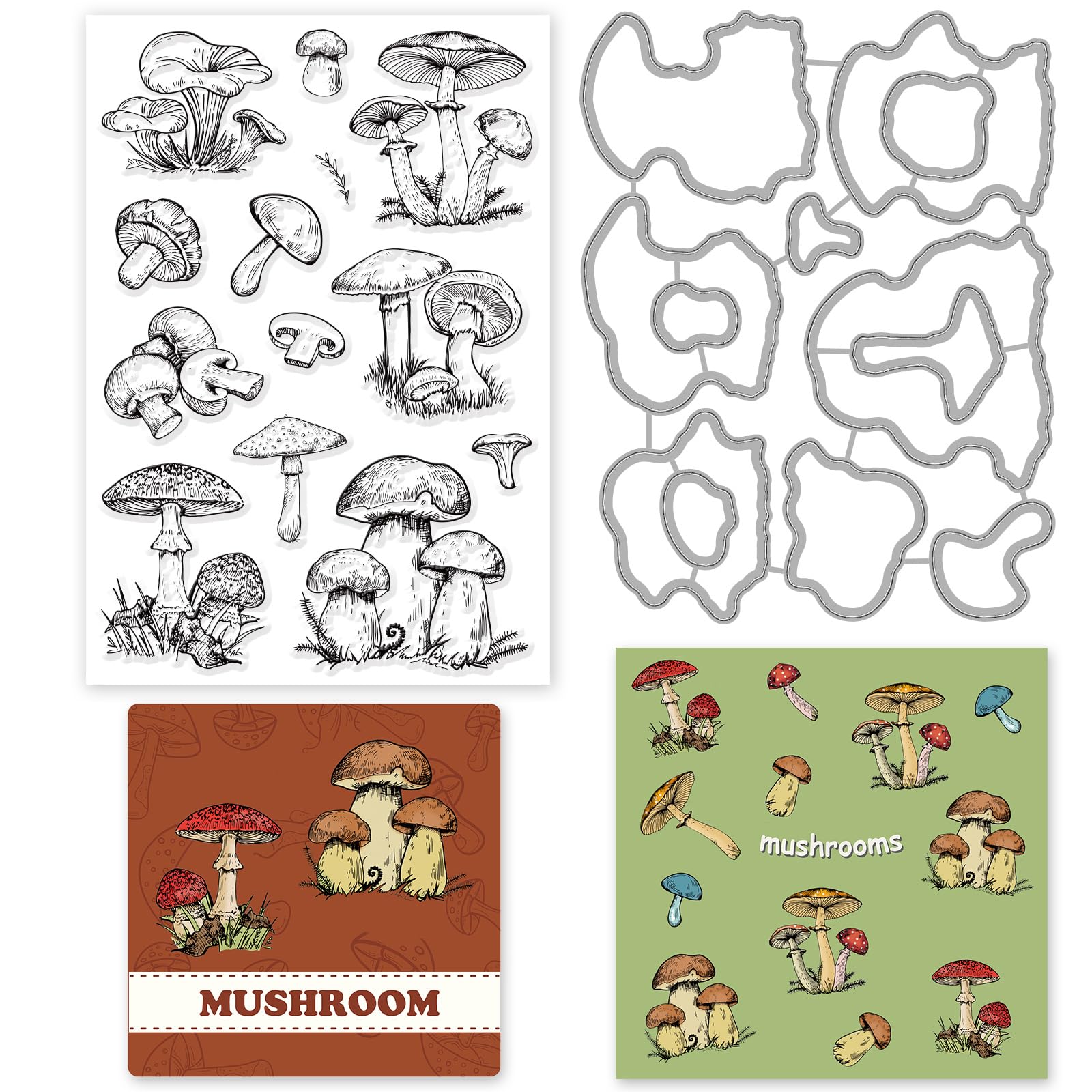 INFUNLY Stamps and Dies for Card Making Mushroom Clear Stamps Mushroom Frame Metal Cutting Die Silicone Clear Stamp and Die Sets for Card Making DIY Scrapbooking Photo Album Decorations