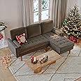ONBRILL L Shaped Couch, Small Sectional with Chaise, Mid-Century Style L Shape Sofa with Bolster Pillows, Velvet Tufted Sponge Cushion, Vintage Couch for Living Room, Apartment, Small Space, Grey
