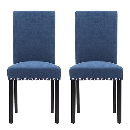 Lsspaid Upholstered Parsons Dining Chair With Polished Nailhead Wood Legs In Blue Set Of 2