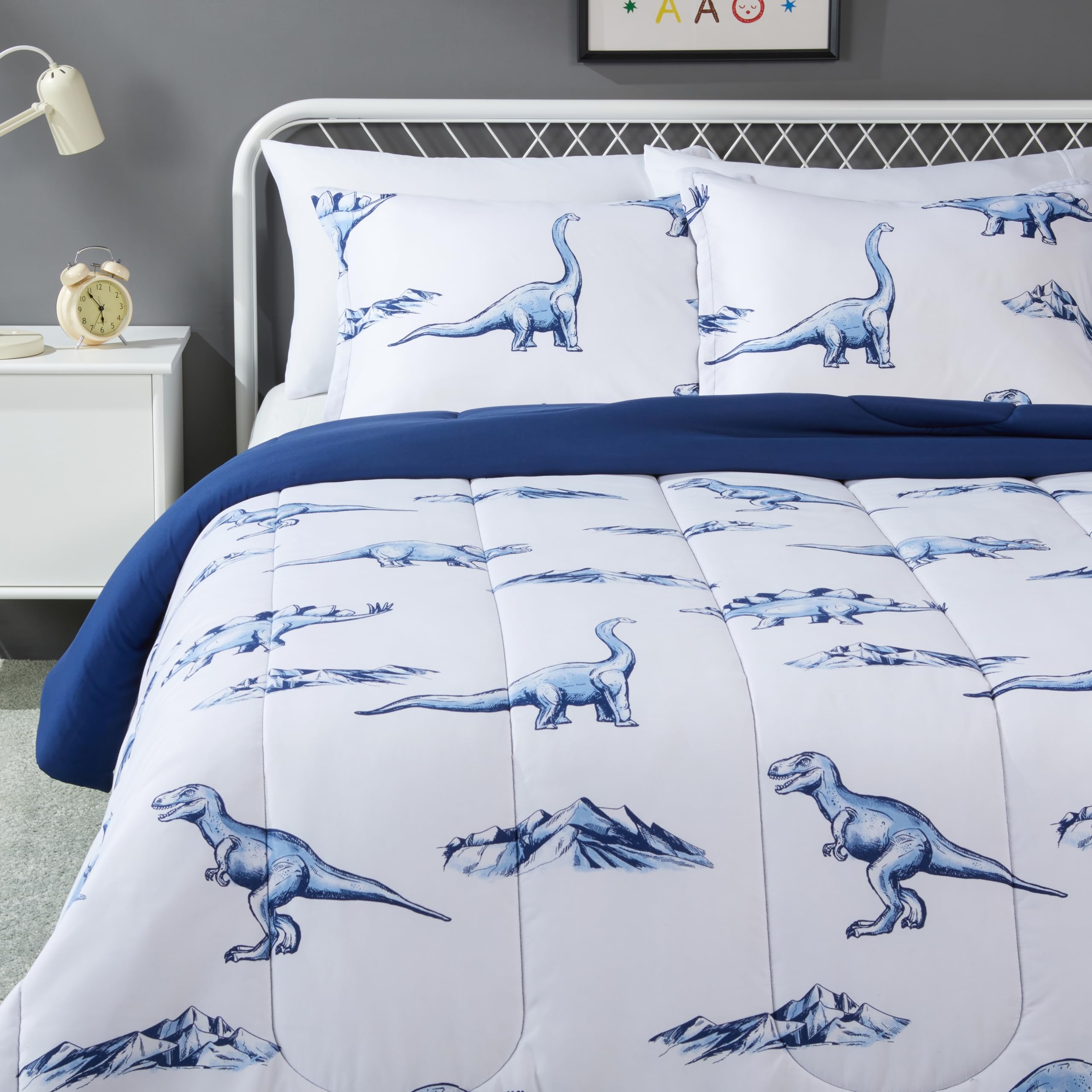 Photo 1 of Amazon Basics 3 Piece Microfiber Kid's All Season Comforter and Pillow Sham Set, Full/Queen, Dinosaurs, Animal Print