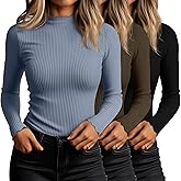 Huukeay 3 Pack Women's Ribbed Mock Turtleneck Shirts Cotton Long Sleeve Tops Lettuce Trim Slim Fit Soft Tees for Layering