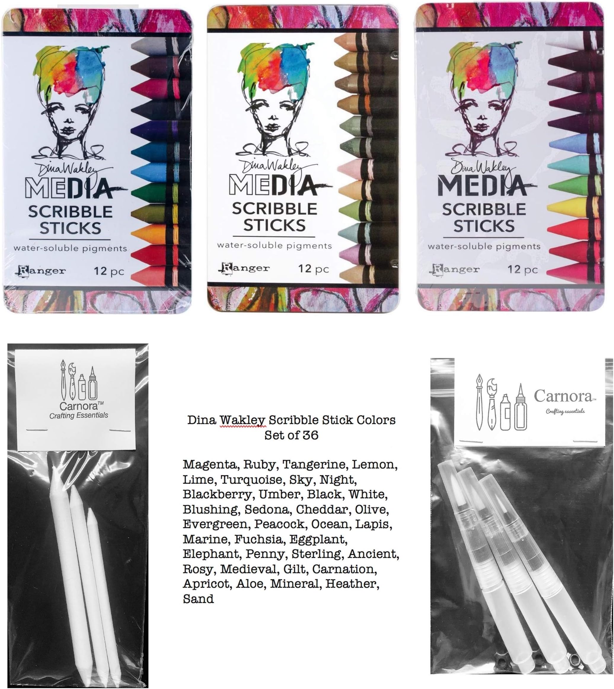 Dina Wakley - Scribble Sticks Sets 1, 2 and 3, Carnora Water Brush Pens, Carnora Blending Tortillons - Five Item Bundle
