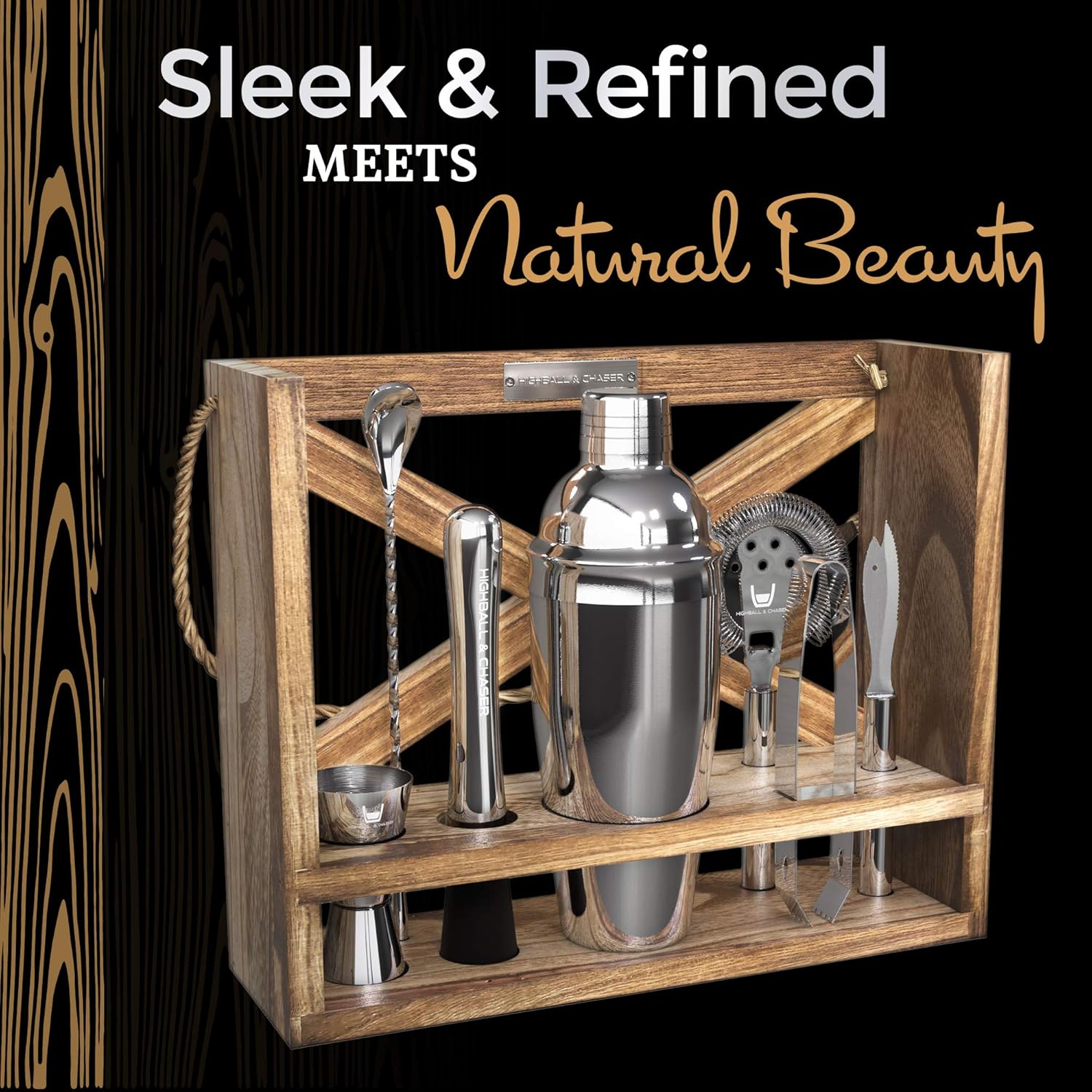 Highball & Chaser Rustic Hanging Bartender Kit 25oz Cocktail Shaker Bar Set For Home Bars, Bar Carts and Drink Making. Bar Tools and Barware for Entertaining (Silver): Kitchen & Dining