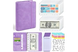 LINTRU Budget Binder with Zipper Envelopes, Budget Book with Cash Envelopes, Premium Pu Leather A6 Binder with Expense Budget Sheets and Stickers, Savings Binder for Budgeting (Violet)