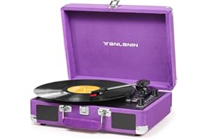 TANLANIN Velvet Vinyl Record Player - 33 45 78 RPM Portable Suitcase Vintage Turntable with USB Recording, Bluetooth, Built-in Speakers, Belt-Driven, Purple