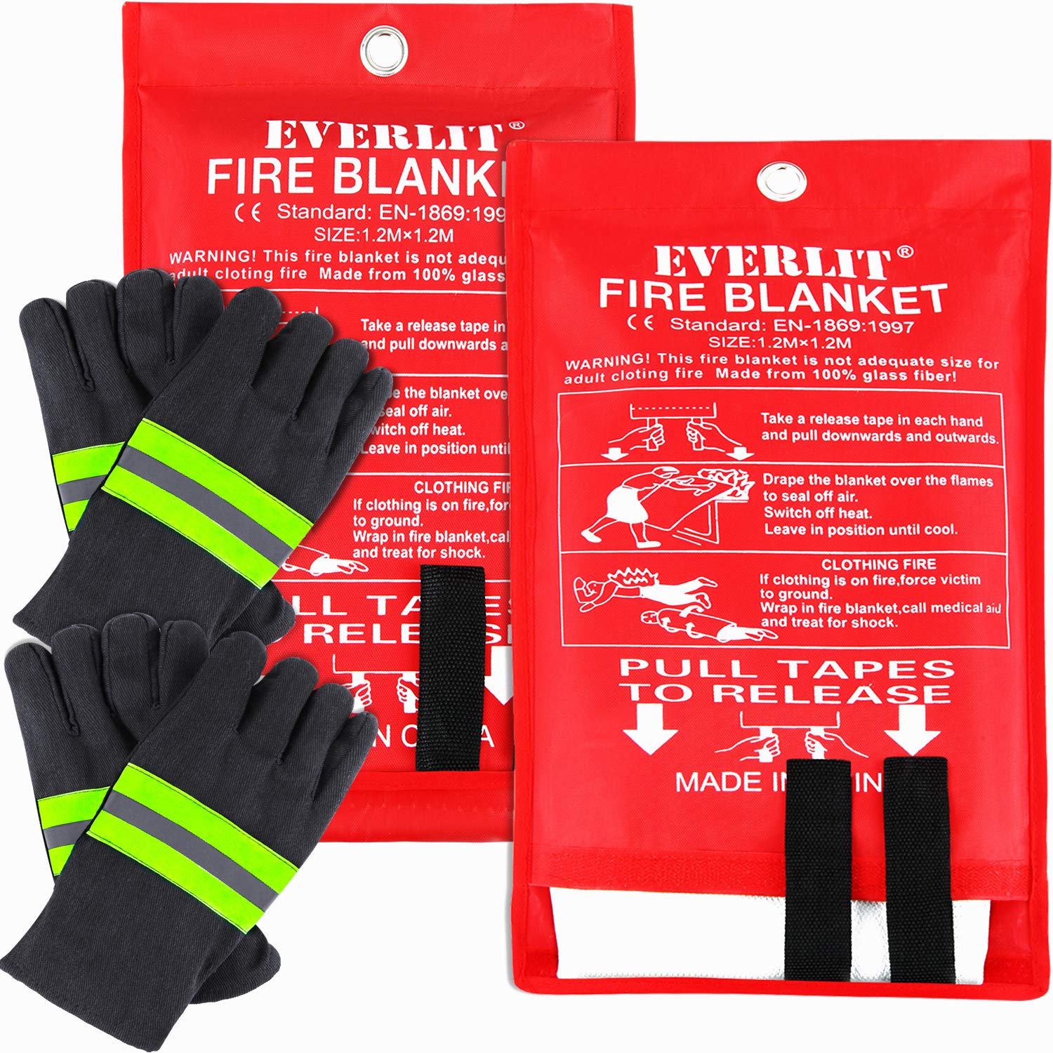 EVERLIT Fire Blanket Size XL 47''x47'' Fire Suppression Emergency Blanket w/Heat Resistant Gloves w/Reflective Strap (2-Pack) for Kitchen, Camping, Grilling