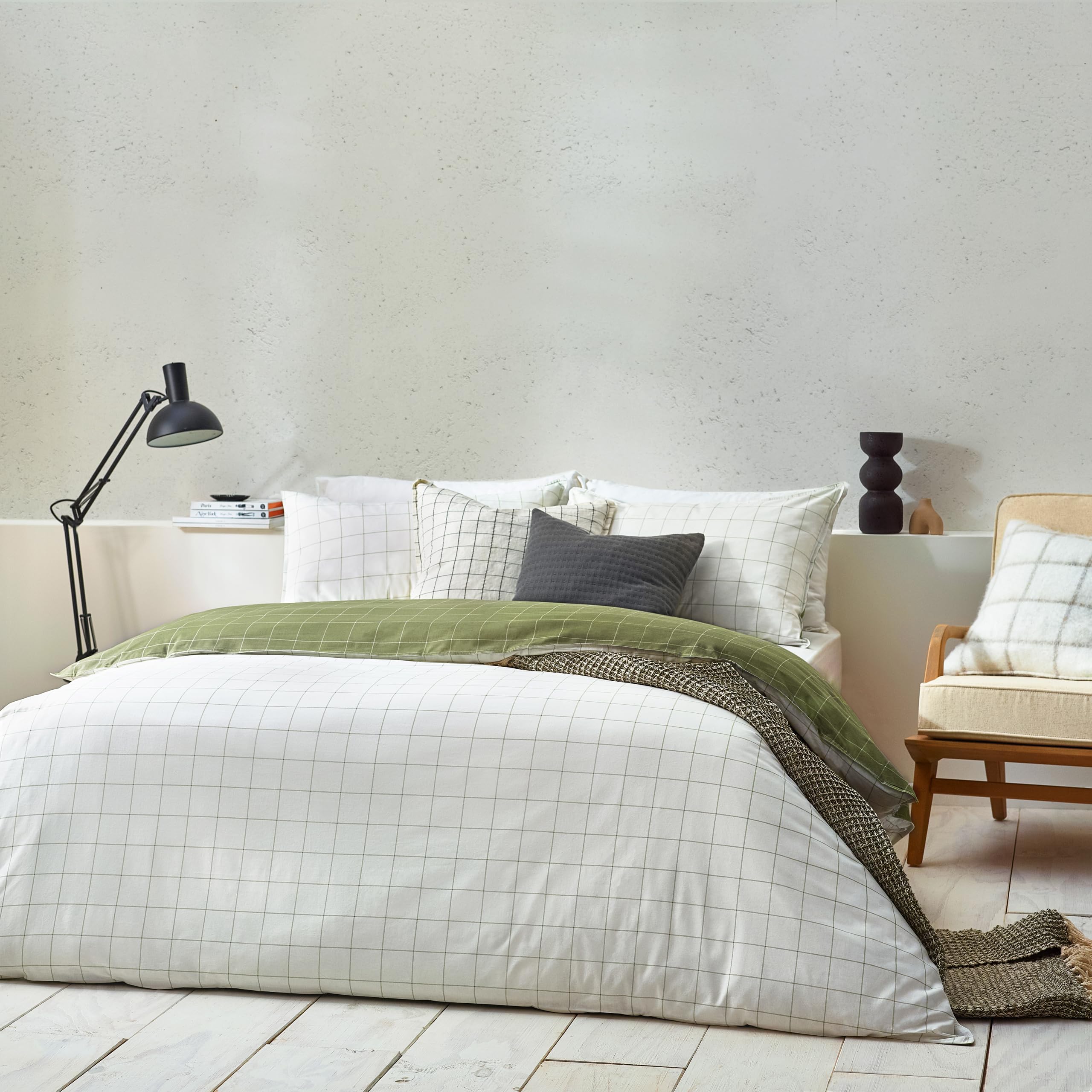 furn. Yard Howarth Check Duvet Cover Set - Reversible Cotton Bedding (Moss/Natural - Super King)