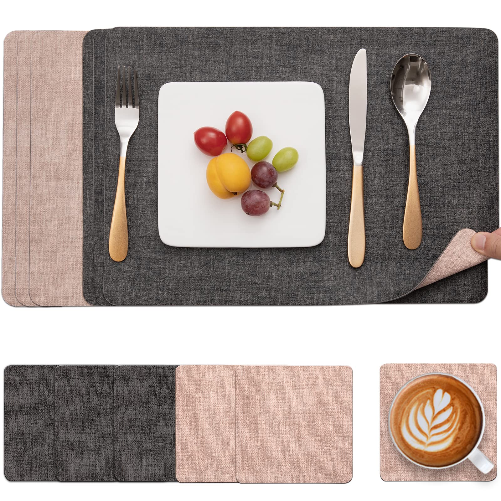 Myir JUN Placemats and Coasters Set of 6, Place Mats Dual Sided Faux Leather Table Mats PU Indoor Outdoor Heat Resistant Placemat Square Non Slip Wipeable Washable Dining Restaurant (Grey Pink) — image 1