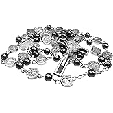Nazareth Store Catholic Saint Benedict Hematite Stone Rosary Necklace for Men & Women with Crucifix and St. Benedict Medal
