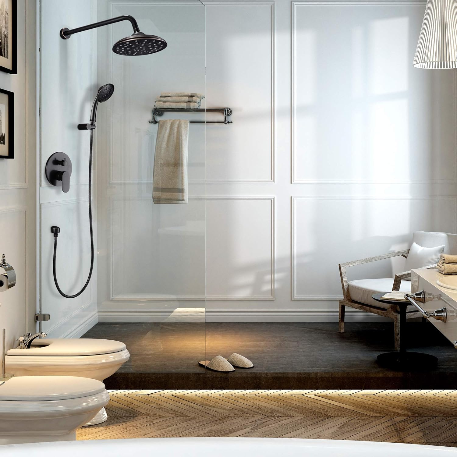 Shower System, Wall Mounted Shower Faucet Set for Bathroom with High Pressure 8" Rain Shower head and 3-Setting Handheld Shower Head Set, Oil Rubbed Bronze (Rough in Valve Included) - - 