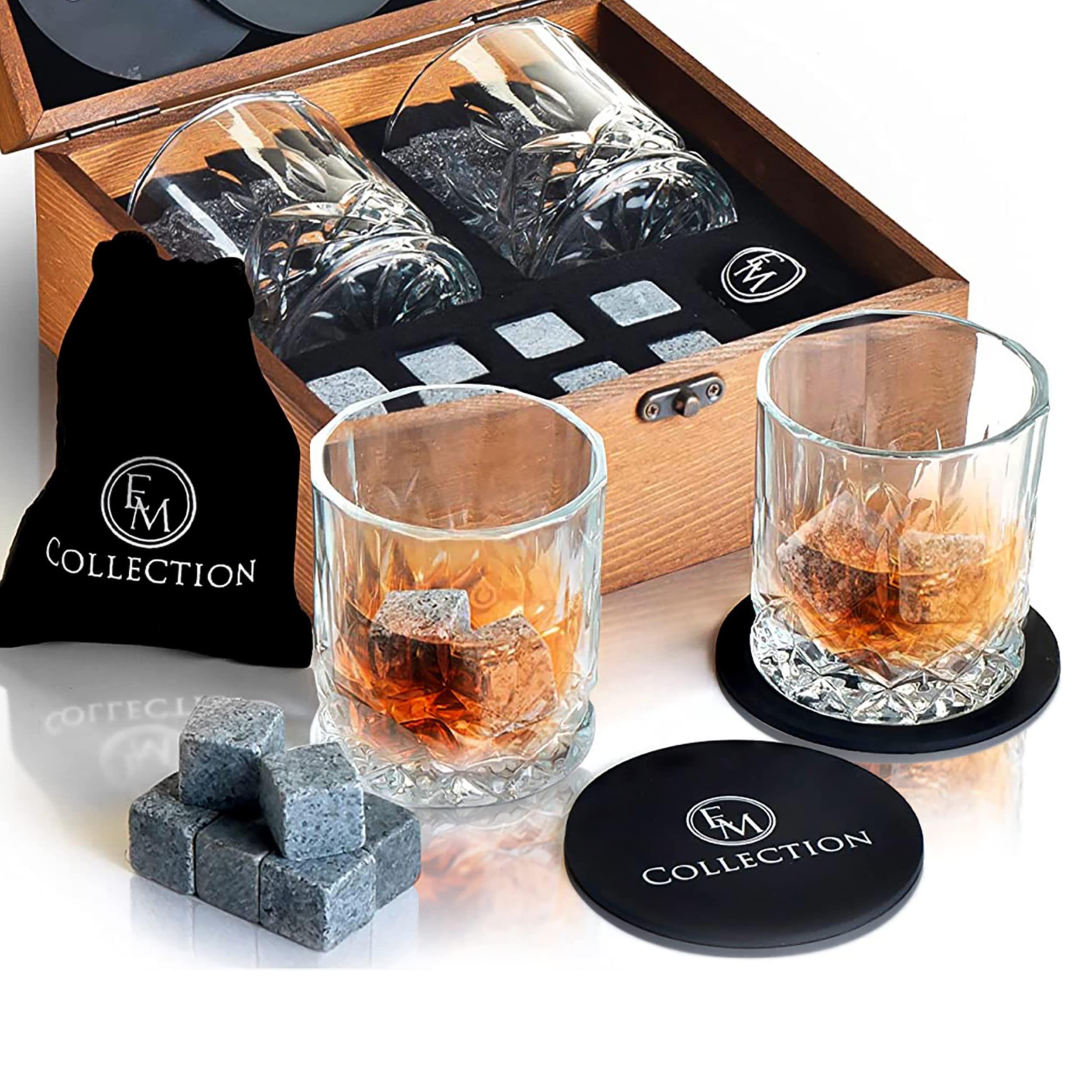 Whiskey Stones Gift Set w/ 8 Granite Chilling Whiskey Rocks, 2 Crystal Glasses & Velvet Bag by EMcollection|Reusable Cooling Ice Cubes|Chill Your Scotch & Cold Drinks|Packed in Elegant Wooden Box (Big Set)
