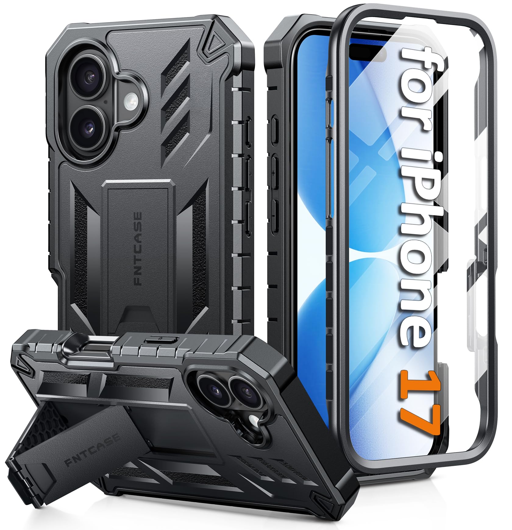 Photo 1 of FNTCASE for iPhone 17 Phone Case: Military Grade Drop Proof Protection Mobile Cover with Kickstand | Matte Textured Rugged Shockproof TPU | Protective Sturdy Phone Case - 6.3 inch Black
