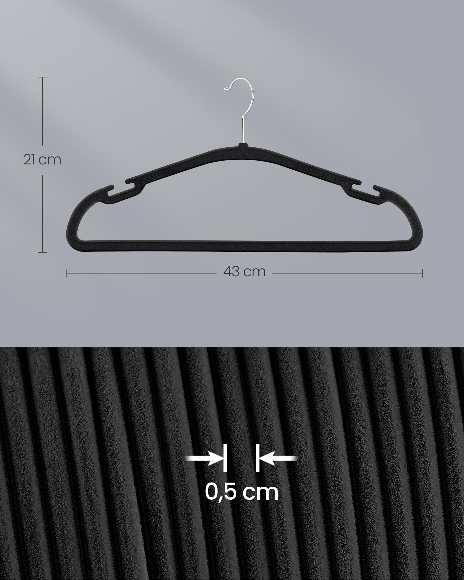 SONGMICS Kleiderbügel Samt, Bügel 50er Set, 43 x 21 cm, Samtbügel rutschfest, breite Schulterkerben, Stange für Hosen, 360° drehbarer Haken, platzsparend, für Garderobe, tintenschwarz CRF039B03 5