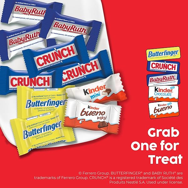 BUTTERFINGER, CRUNCH, BABY RUTH, 100 GRAND, KINDER BUENO, KINDER CHOCOLATE, MINIS FUN SIZE CANDY BARS, 90 COUNT, 25.9 OZ