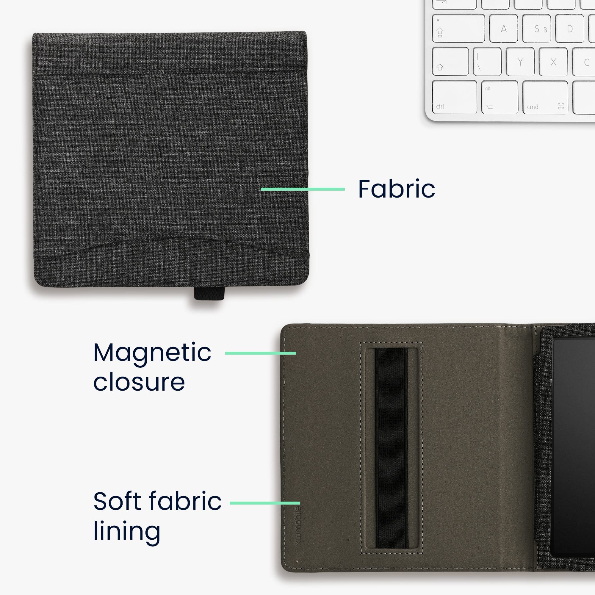 kwmobile Case Compatible with Amazon Kindle Oasis 10. Generation - Fabric Cover with Magnetic Closure, Strap, Pocket - Dark Grey