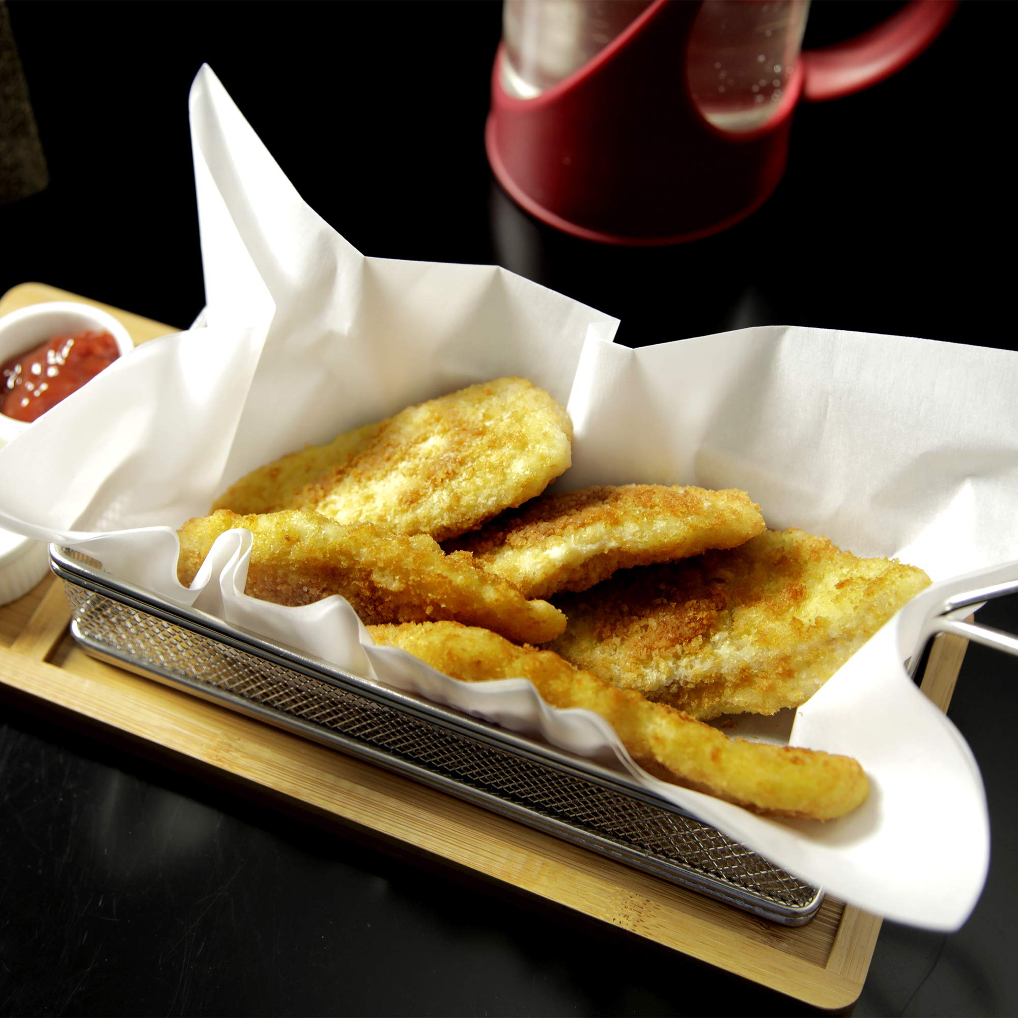 Yukon Glory YG-605 Magnificent Chip & Dip Serving Basket Bamboo Board and Sauce Cup Set for French Fries Fried Fish and More