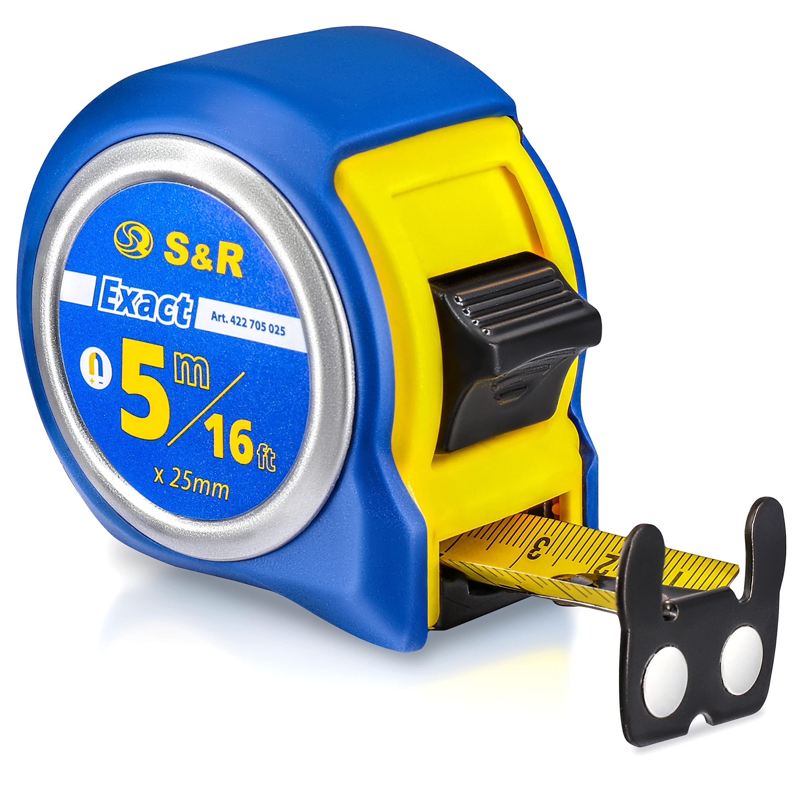 S&R Tape Measure 5M / 16Ft – Inch & Metric Dual Scale | 25mm Wide Nylon-Coated Blade | Impact-Resistant Rubberized Case | Q-Series Pocket Measuring Tape