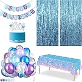 CIEHER Snowflake Birthday Decorations for Girls Set - Birthday Banner, Snowflake Plastic Tablecloth, 60PCS Balloons, Cake Topper and 2 Pack Blue Streamers