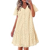 KIRUNDO Eyelet Dresses for Women 2026 Spring Summer Short Sleeve Button Down Loose Mini Babydoll Dress Beach Vacation Clothes