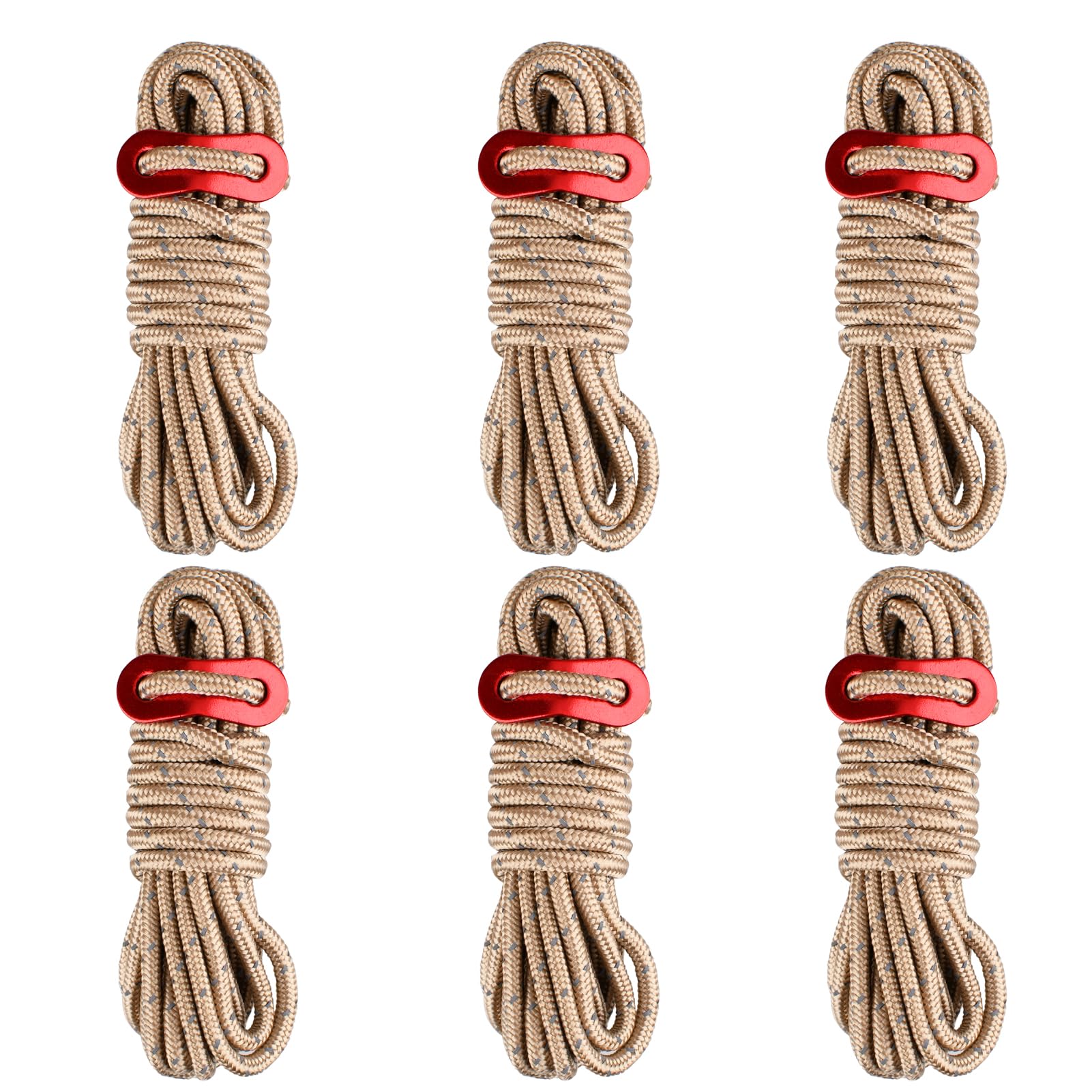 Azarxis Reflective Guyline φ4mm 4m Tent Guide Rope Cord with Aluminum Guy Line Adjuster Tensioner Lightweight for Tent Tarp Canopy Sheleter Camping Hiking Backpacking (Khaki - 6 Pack) — image 1