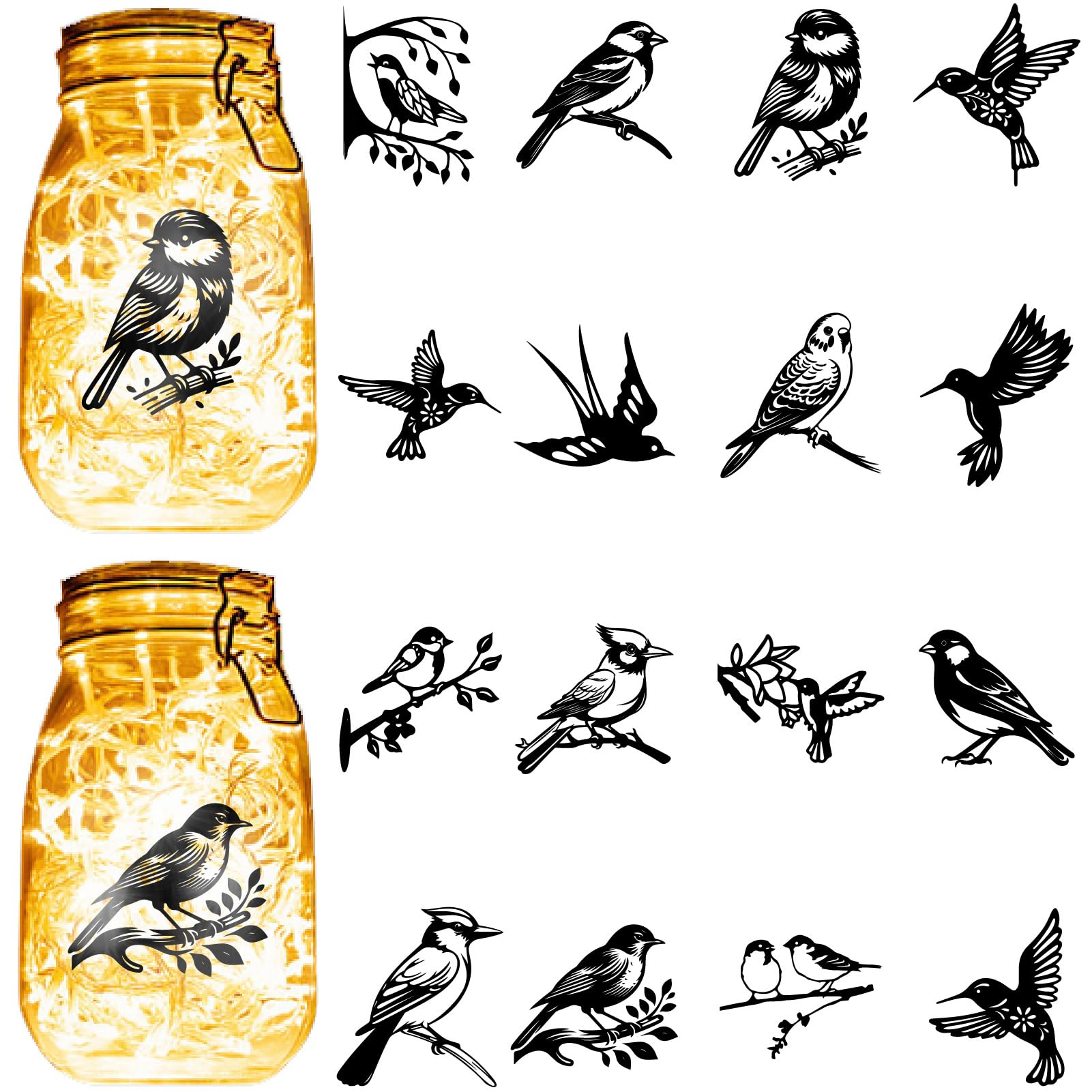 CREATCABIN 16Pcs Birds Silhouettes Mason Jar Decor Laser Cut Cardboard Scrapbook Cutouts Die Cuts Embellishments PVC for Crafting DIY Colorful Light Hanging Lamp Frosted Glass Jar-No Sticker 4x3.5Inch