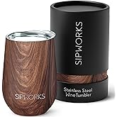 Sipworks Wine Tumbler with Lid - 12 oz Stainless Steel Insulated Wine Tumbler – Portable Spill Resistant Stemless Travel Wine Glass & Cocktail Cup - Mahogany