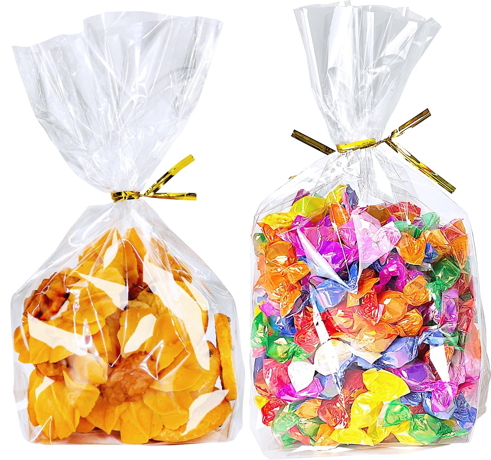 Photo 1 of PigPotParty Cellophane Treat Bags 6"x9", 50 Pack Clear Goodie Bags, Bottom Gusset for Stand-Up Display, Small Plastic Gift Wrap for Cookies, Candy, Party Favors, Popcorn, Includes 50 Gold Ties