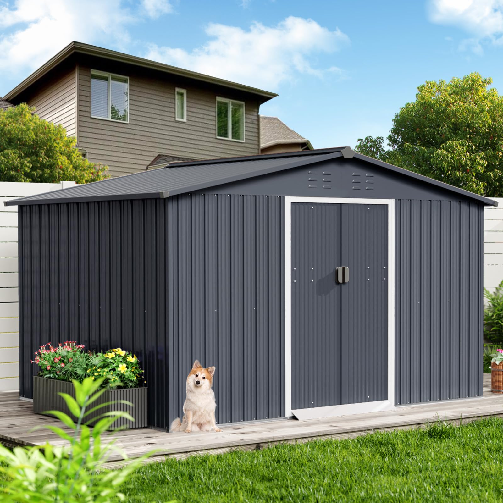 Photo 1 of ****PARTIAL SET BOX 1/2 ONLY****
Garvee 8x10 ft Metal Storage Shed with Pitched Roof & Lockable Door, Outdoor Weatherproof Yard Tool Storage Shed for Organizing Bike, Lawn Mower, Tools and Equipment in Backyard, Yard, Lawn, Grey