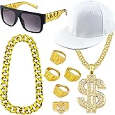 Riuziyi 9Pack 80s 90s Rapper Costume Outfit Men Fake Gold Chain Hip Hop Sunglasses Dollar Sign Kanji Rings for Theme Party