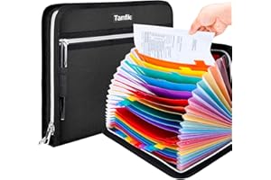 Tamfile Fireproof Waterproof Safe Expanding File Folder Accordion Document Organizer with 24 Pockets Portable Money File Bag Filing Holder and Color Lables/3Zippers A4 Letter Size (Black,14.3"9.8")