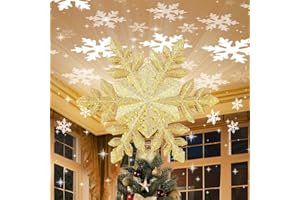 Christmas Tree Topper Lighted with 6 Projection Slides, PliMook Snowflake Christmas Tree Topper LED Rotating 3D Lighted Tree Toppers Glitter Tree Topper Projector for Christmas Tree(Gold)