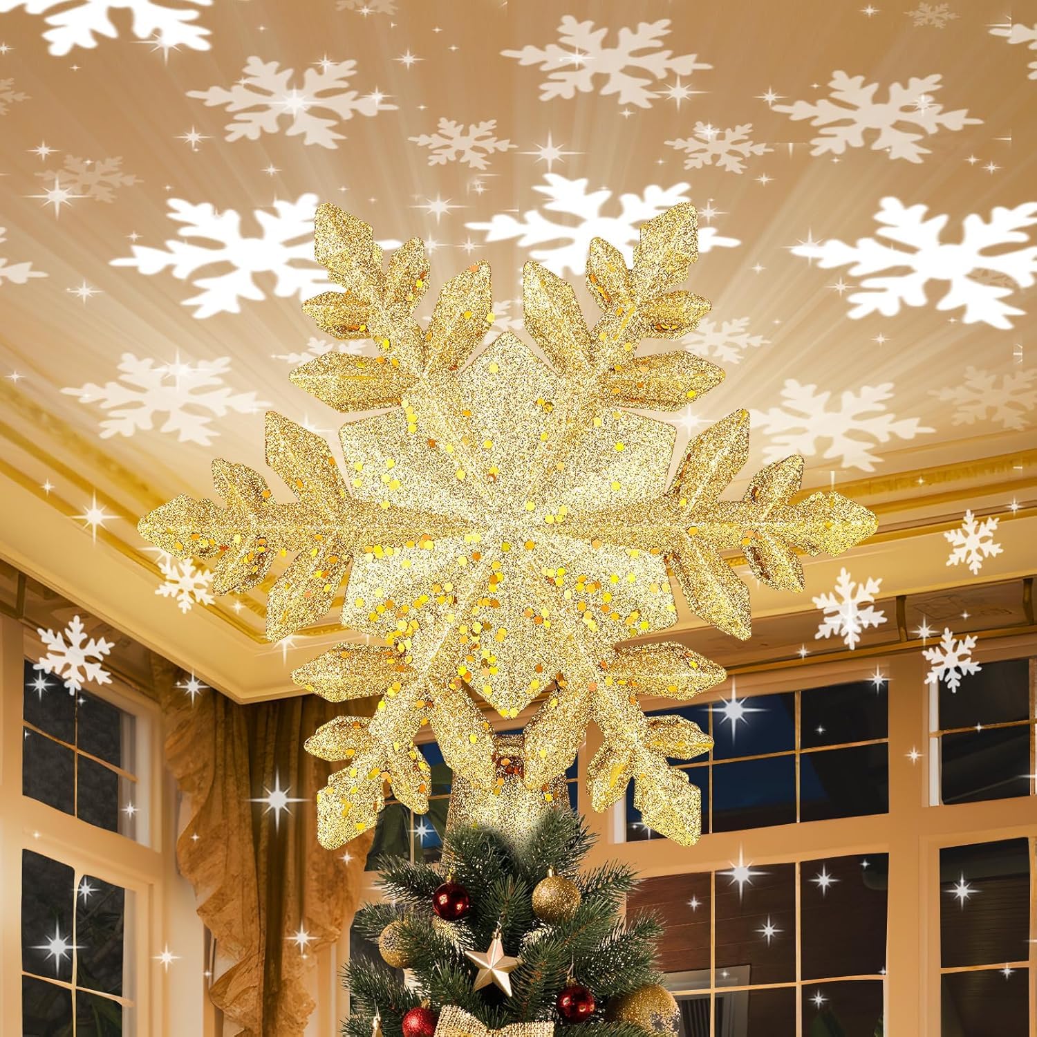 Photo 1 of Christmas Tree Topper Lighted with 6 Projection Slides, PliMook Snowflake Christmas Tree Topper LED Rotating 3D Lighted Tree Toppers Glitter Tree Topper Projector for Christmas Tree(Gold)