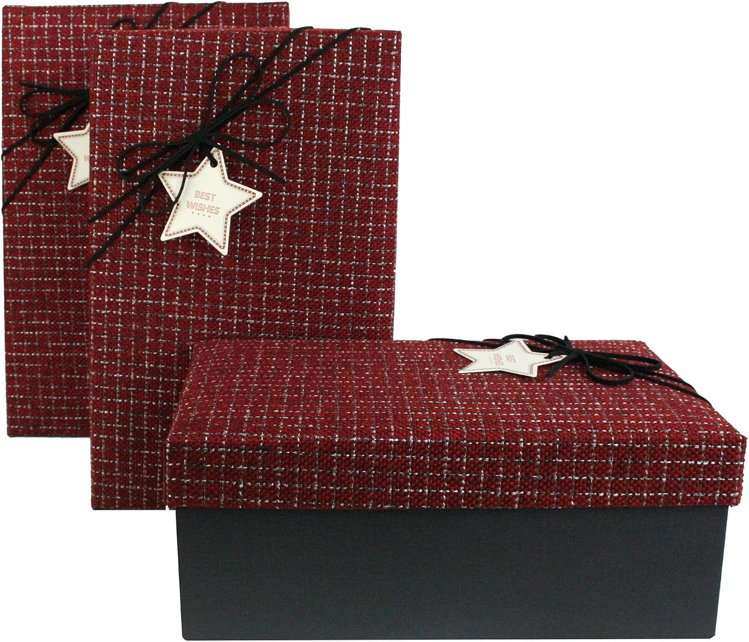 Emartbuy Black/Fabric Red Rigid Gift Box with Ribbon Set of 3 - Large, Medium, Small - - Luxury Cardboard Box