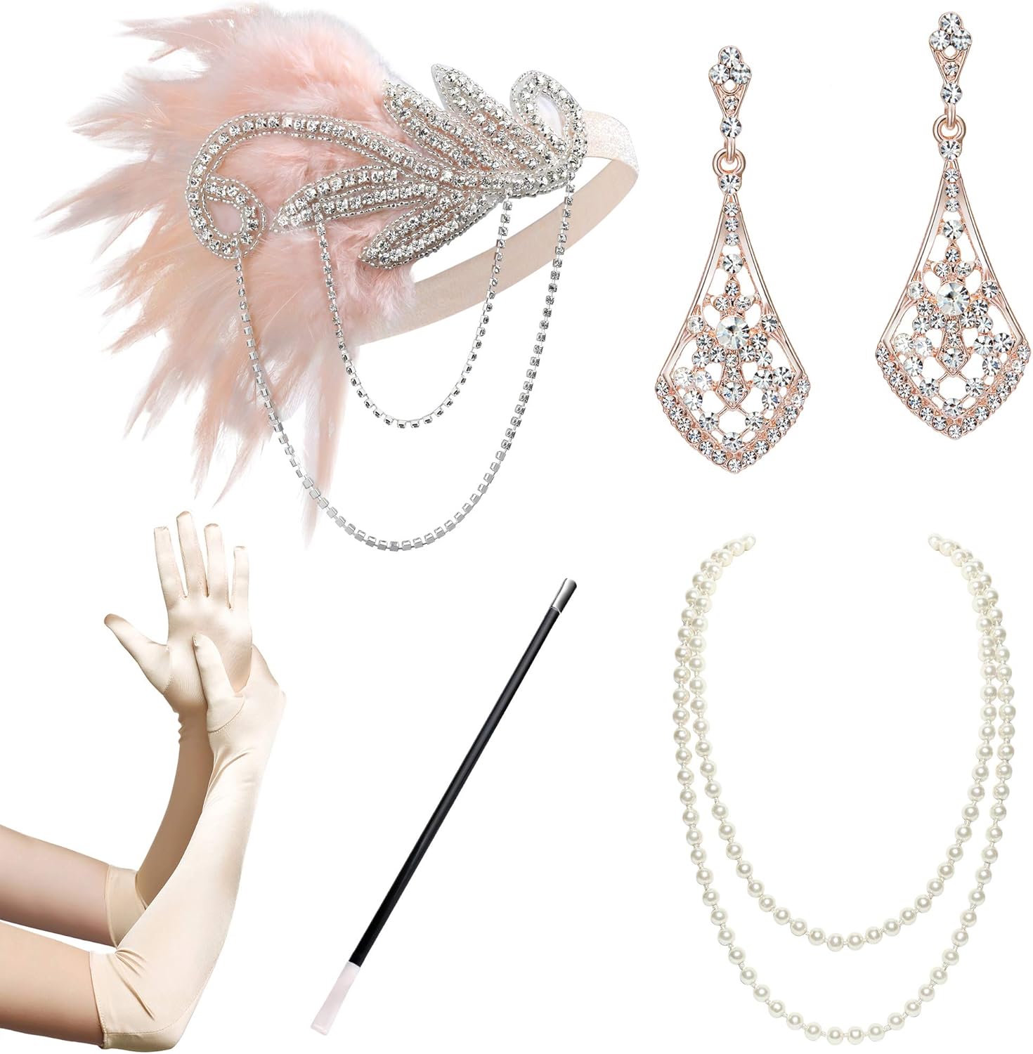 BABEYOND 1920s Flapper Accessories Gatsby Costume Accessories Set 20s Flapper Headband Pearl Necklace Gloves Cigarette Holder (Set-132): Clothing