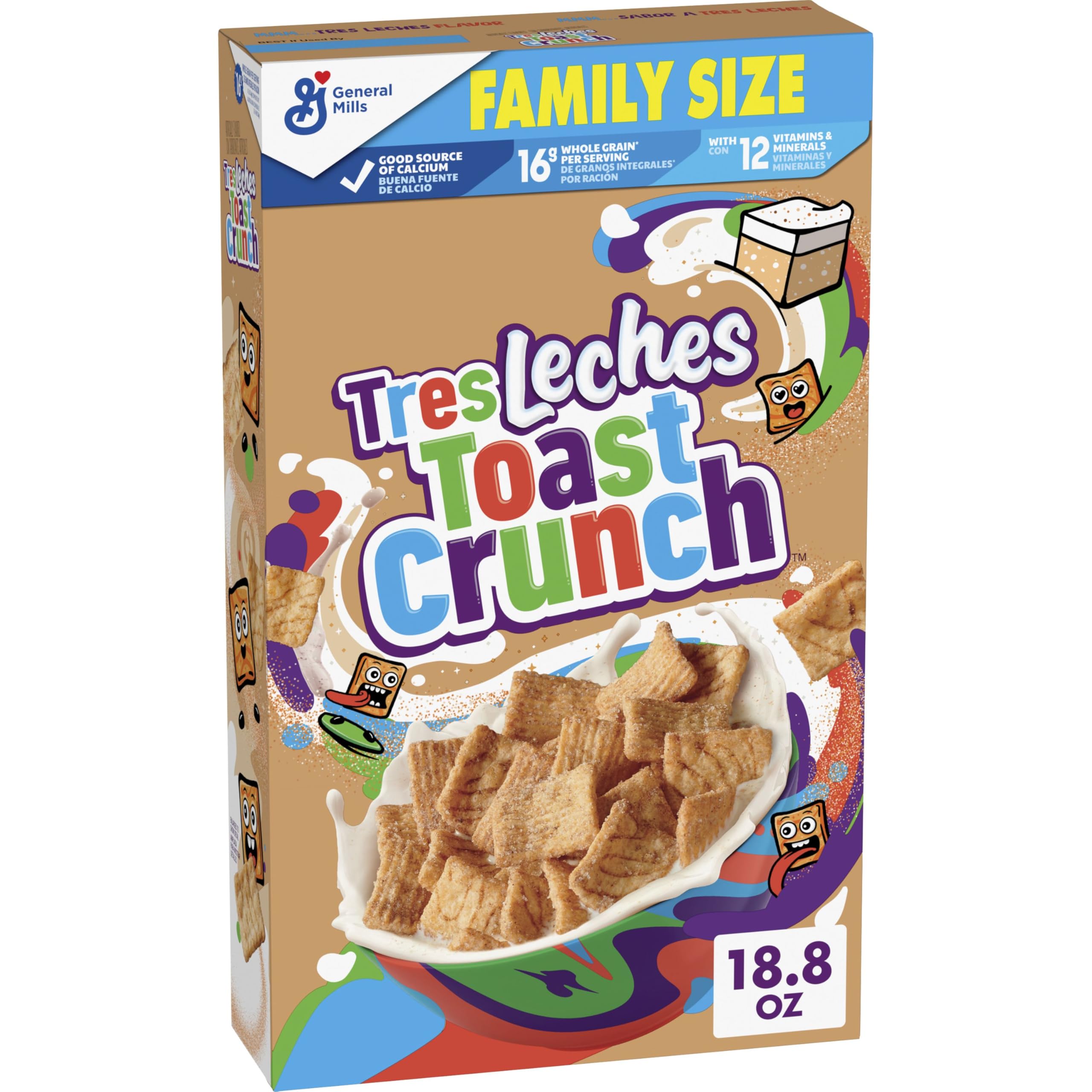 Tres Leches Toast Crunch Breakfast Cereal, Crispy Tres Leches Flavored Cinnamon Cereal, Family Size, 18.8 oz