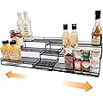 DOTORYDESIGN 3 Tier Wide Expandable Cabinet Spice Rack Organizer (14.5" to 29.1") - Step Shelf with Protection Railing, Black