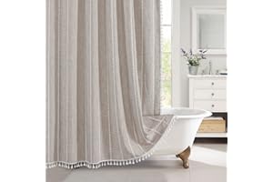 MitoVilla Boho Extra Long Shower Curtain 72 x 84, Tan 84 inch XL Polyester Linen Tassel Fabric Shower Curtain Set with Hooks for Vintage Country Farmhouse Bathroom Decor, Thick & Wrinkle Resistant