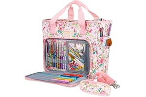 Coopay Large Crochet Bag Knitting Bags and Totes Organizer, Traveling Crochet Bags Yarn Bag for Carrying Crochet Hooks, Knitting Kit, Skein Yarn Wool, Project, Knitting & Crochet Supplies, Pink Flower