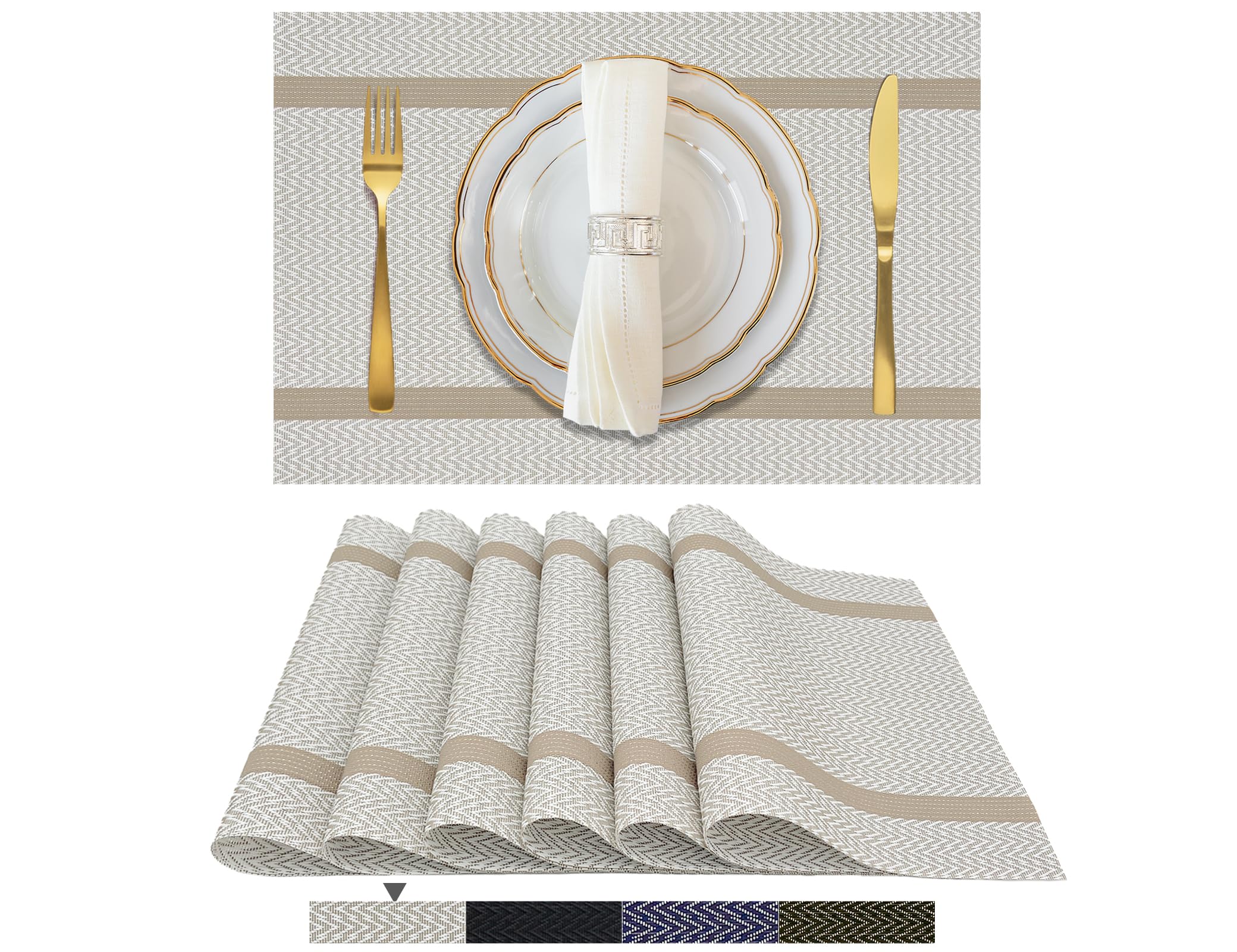 excovip White Placemats Set of 6 - Washable Easy Clean Vinyl Placemats - Heat Resistant PVC Place Mats - Table Mats for Dining Table (White Gold Arrow Pattern)