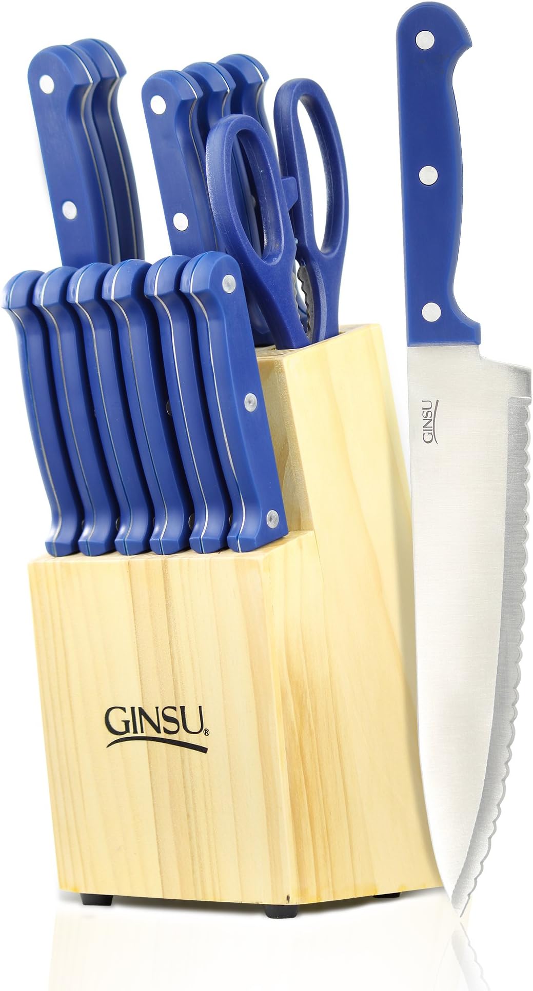 Ginsu 04817PBDS 14 Piece Essential Series Cutlery Set in Natural Block, Presidential Blue