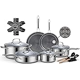 Ammeloo 17 Pcs Nonstick Stainless Steel Cookware Set, Hybrid Stainless Steel Pots and Pans Set Non Stick, Non Toxic Kitchen Cookware Sets, Dishwasher & Oven Safe, Induction & All Cooktop Compatible
