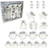 Nature Vibe Set of 18 Faux Fur White Christmas Ornaments in Gift Box | Ornament Balls and Hanging Stars with Silver Accent as Christmas Tree Decorations or Winter Wonderland Decorations
